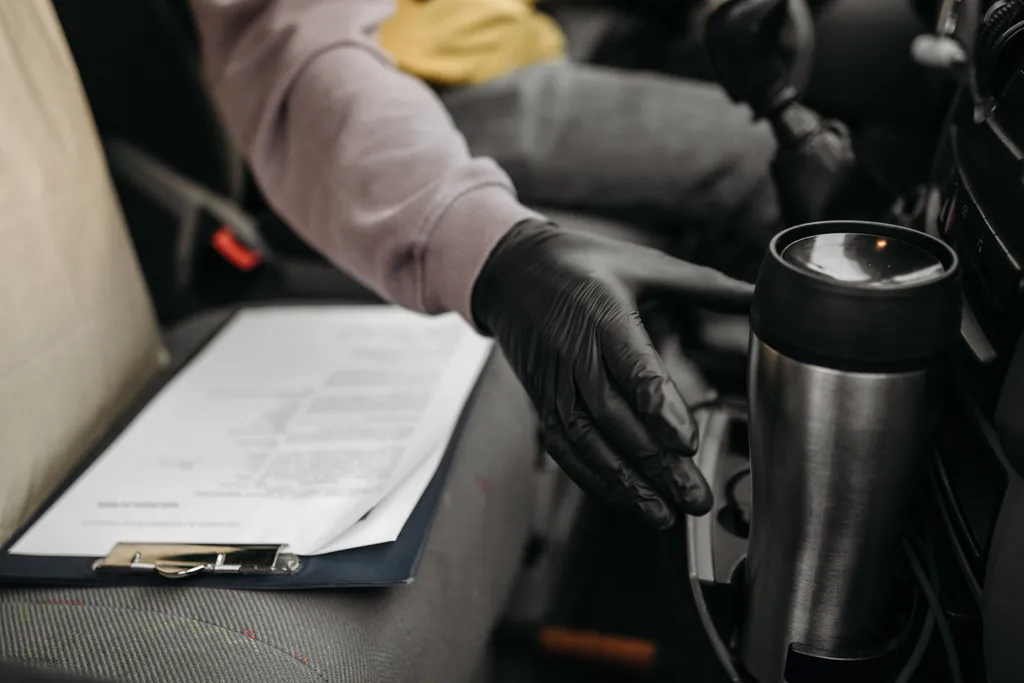A printed estimate on a clipboard left on the seat of a work van while the driver reaches for a thermos