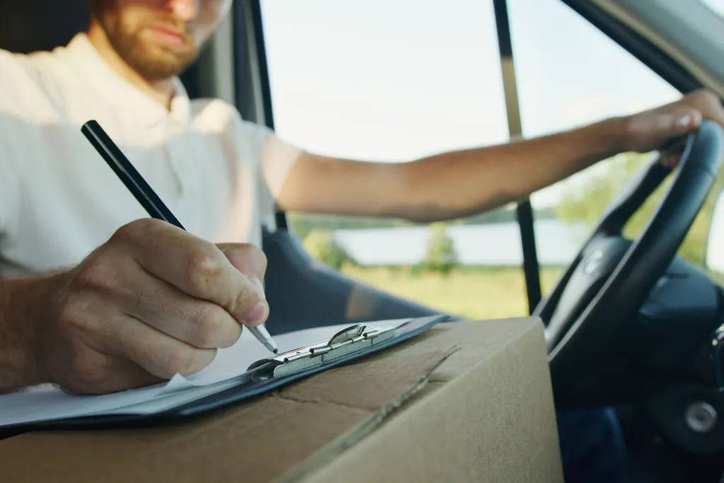 A tech in the driver's seat of a work van still writing up the work order on a clipboard after the job