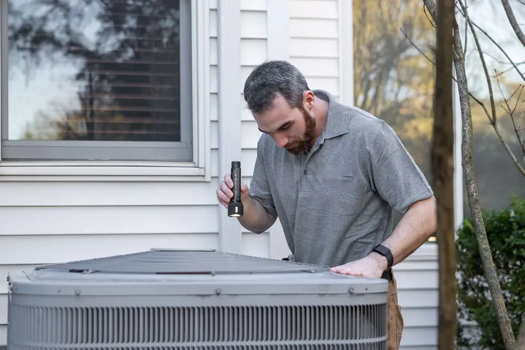 A technician with a flashlight bent over an outdoor air conditioning condenser beside a house, both hands busy on the job